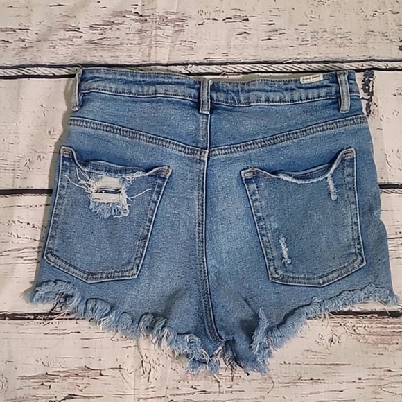 Almost Famous High Waist Distressed Cut Off Light Blue Denim Jean Shorts Size 9 - Picture 7 of 16